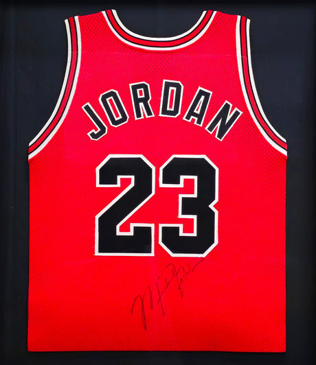 Chicago Bulls Michael Jordan Autographed Framed Red Authentic Jersey Vintage Signature PSA/DNA & Beckett BAS #AE07407