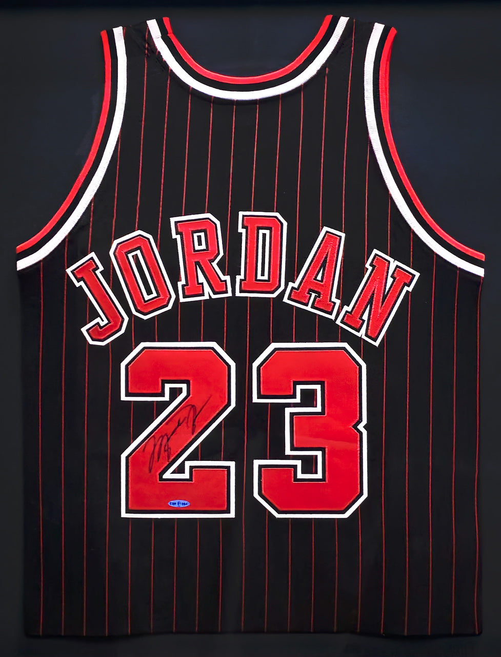 Chicago Bulls Michael Jordan Autographed Framed Black & Red Pinstripes Authentic 1995-96 Jersey UDA Holo #ESP01034