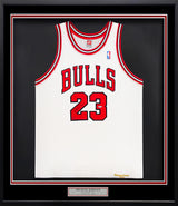 Chicago Bulls Michael Jordan Autographed Framed White Nike Authentic 1998-99 Retirement Season Jersey Beckett BAS & UDA Holo #BAF78946