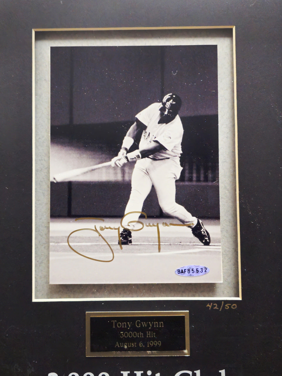 Tony Gwynn Autographed Framed Gold 3000th Hit Club 5x7 Photo San Diego Padres #42/50 UDA Holo #BAF85532