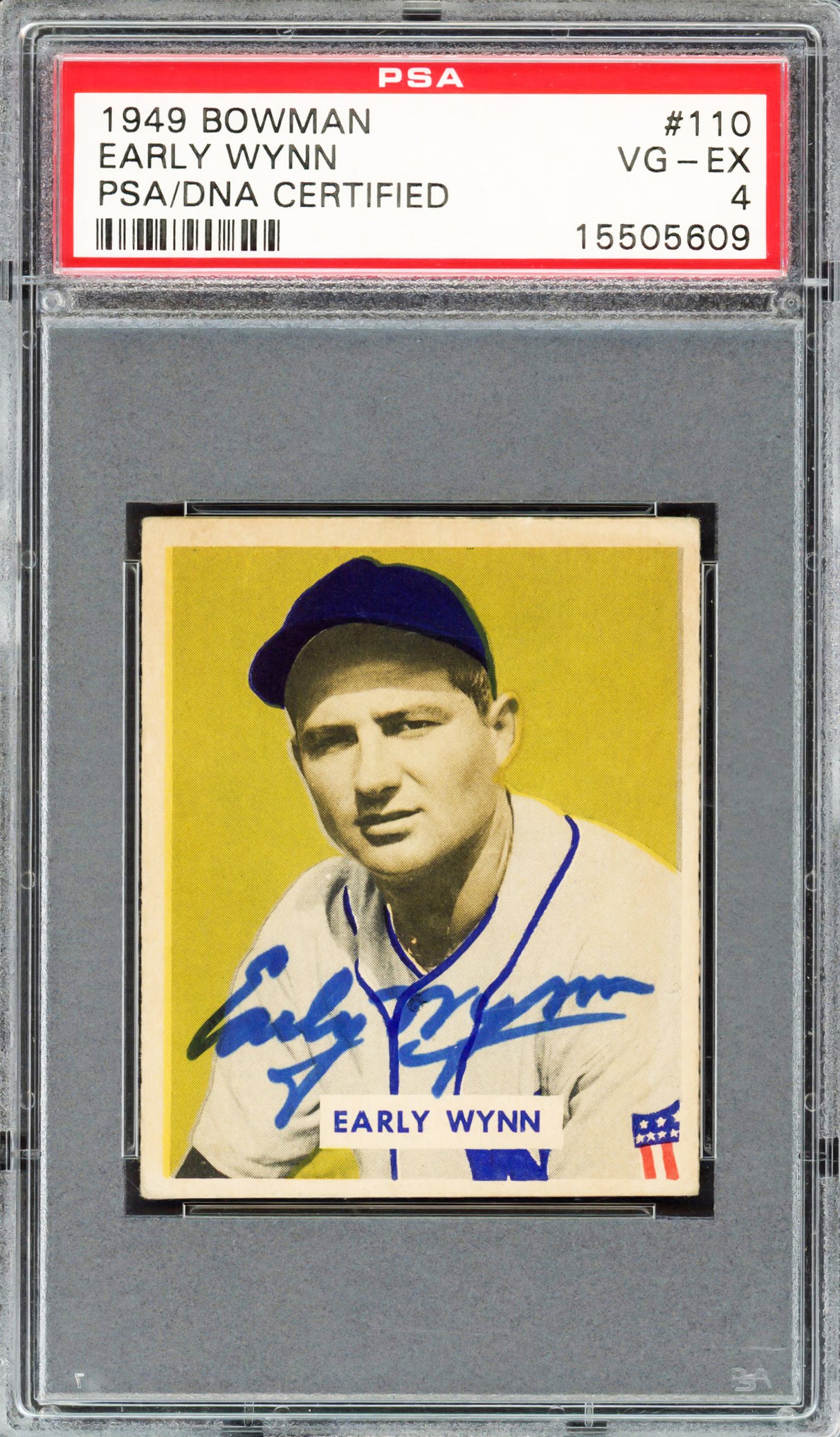 Early Wynn Autographed 1949 Bowman Rookie Card #110 Cleveland Indians PSA 4 PSA/DNA #15505609