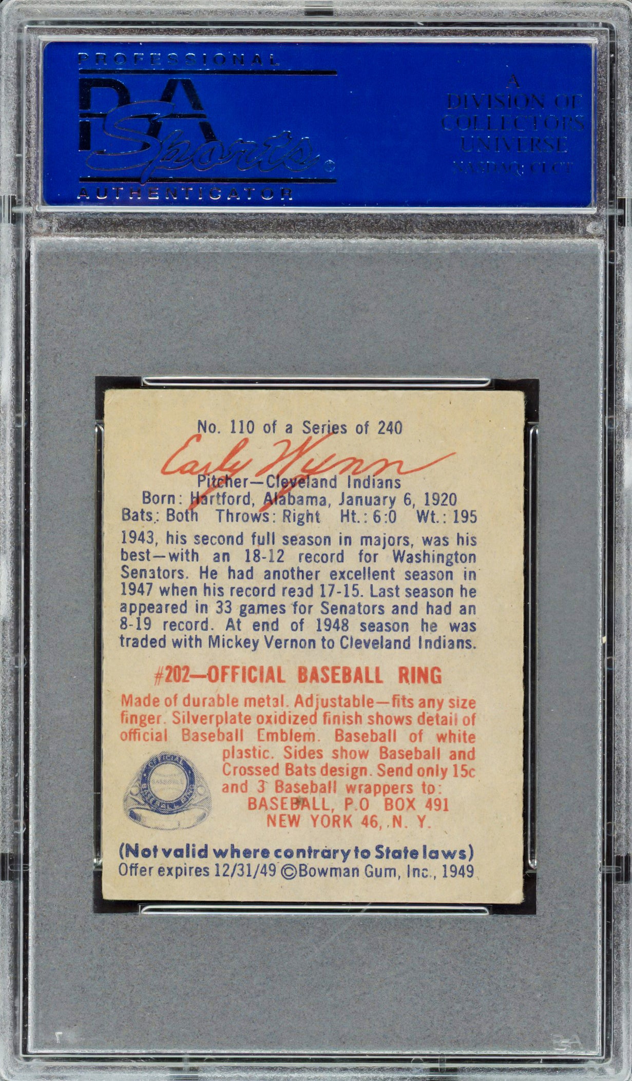 Early Wynn Autographed 1949 Bowman Rookie Card #110 Cleveland Indians PSA 4 PSA/DNA #15505609