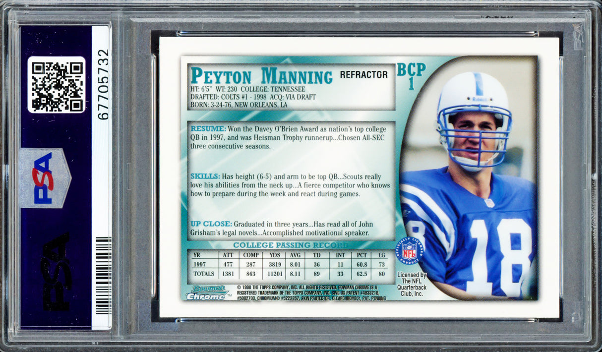 Peyton Manning Autographed 1998 Bowman Chrome Preview Refractor Rookie Card #BCP1 Indianapolis Colts PSA/DNA #67705732