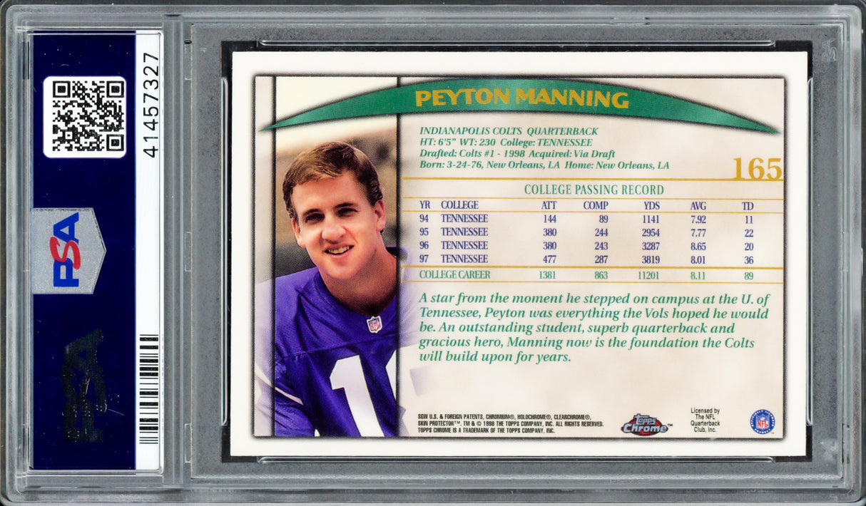 Peyton Manning Autographed 1998 Topps Chrome Rookie Card #165 Indianapolis Colts PSA/DNA #41457327