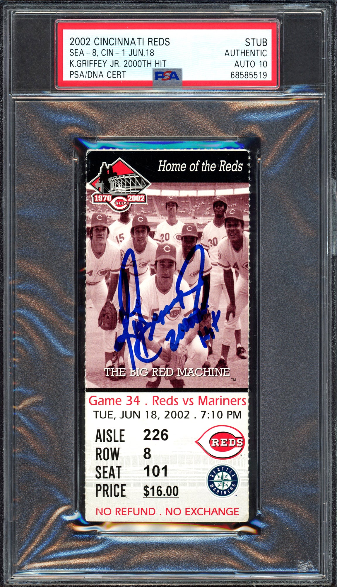 Ken Griffey Jr. Autographed June 18th, 2002 Ticket Stub Seattle Mariners Auto Grade Gem Mint 10 "2000th Hit" Hit 2000th Hit PSA/DNA #68585519