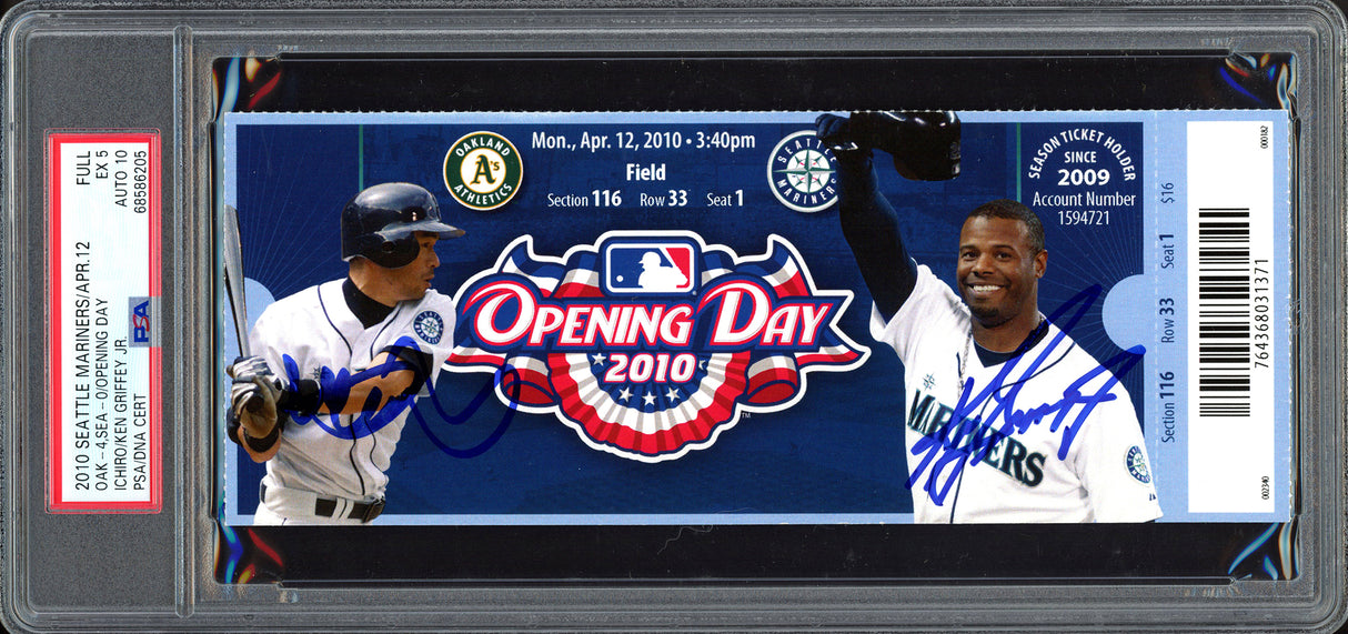 Ken Griffey Jr. & Ichiro Suzuki Autographed April 12th, 2010 Opening Day Ticket Stub Seattle Mariners PSA 5 Auto Grade Gem Mint 10 PSA/DNA #68586205