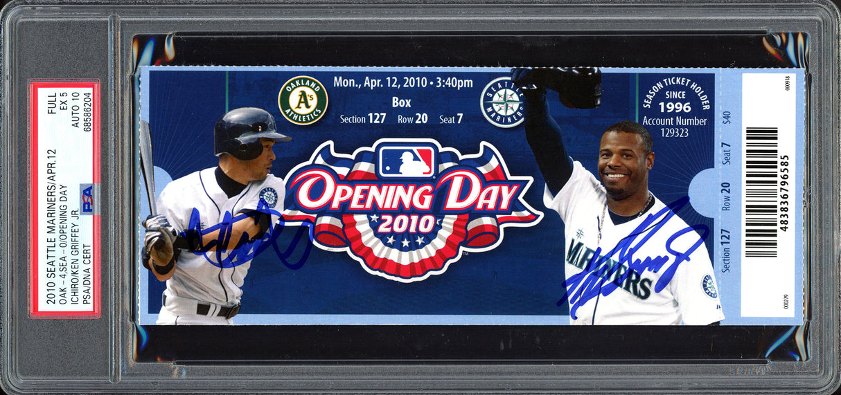 Ken Griffey Jr. & Ichiro Suzuki Autographed April 12th, 2010 Opening Day Ticket Stub Seattle Mariners PSA 5 Auto Grade Gem Mint 10 PSA/DNA #68586204