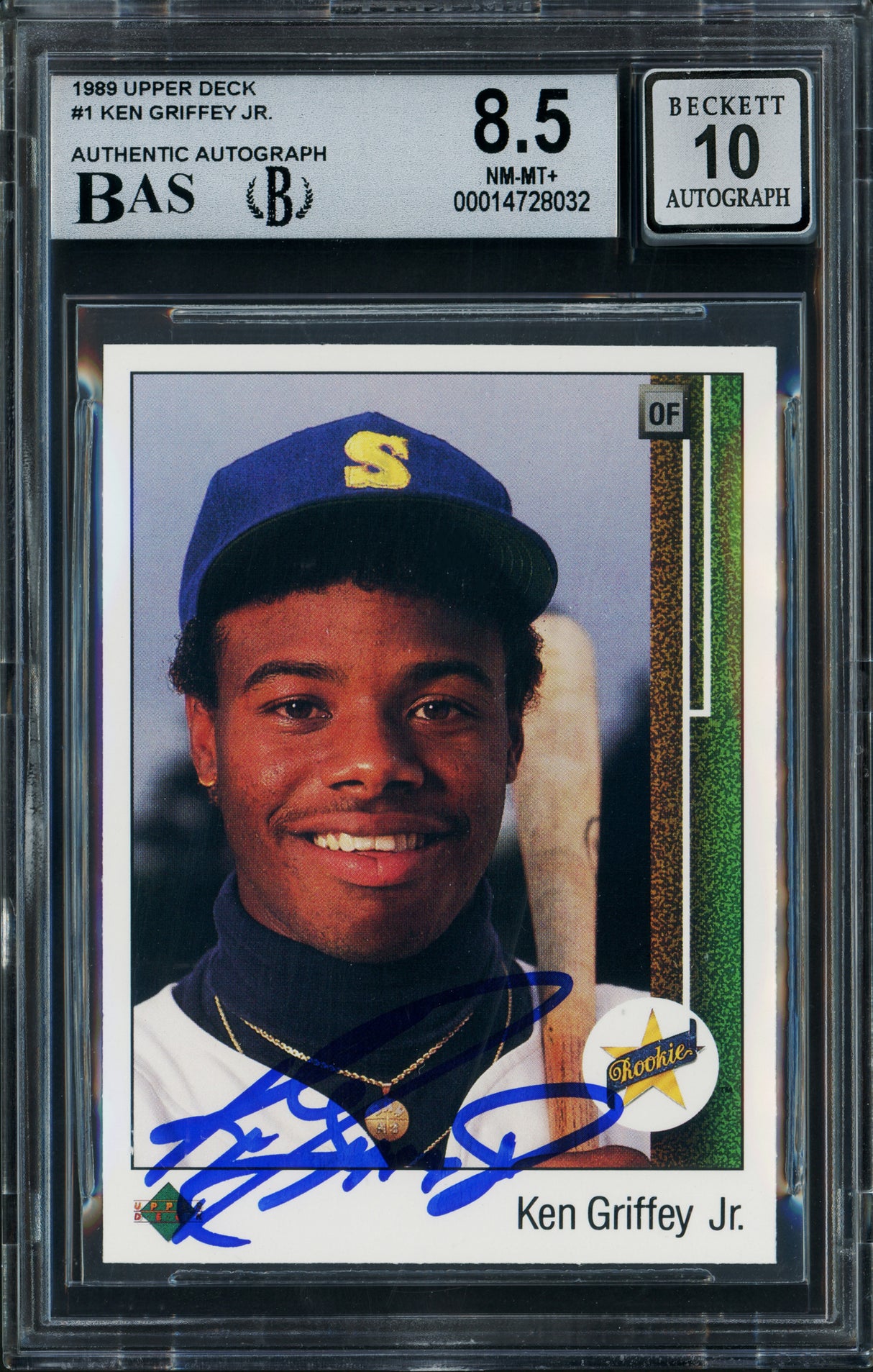 Ken Griffey Jr. Autographed 1989 Upper Deck Rookie Card #1 Seattle Mariners BGS 8.5 Auto Grade Gem Mint 10 Beckett BAS Stock #238789