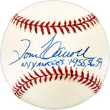 Tom Carroll Autographed Official AL Baseball New York Yankees "NY Yankees 1955, 56, 59" (Smudged) Beckett BAS QR #BL93629