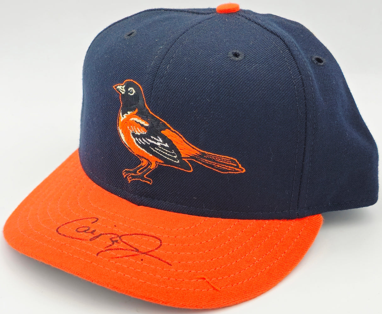 Cal Ripken Jr. Autographed Black & Orange New Era Authentic Collection Baseball Hat Baltimore Orioles With Display Case Fleer Holo #1693763