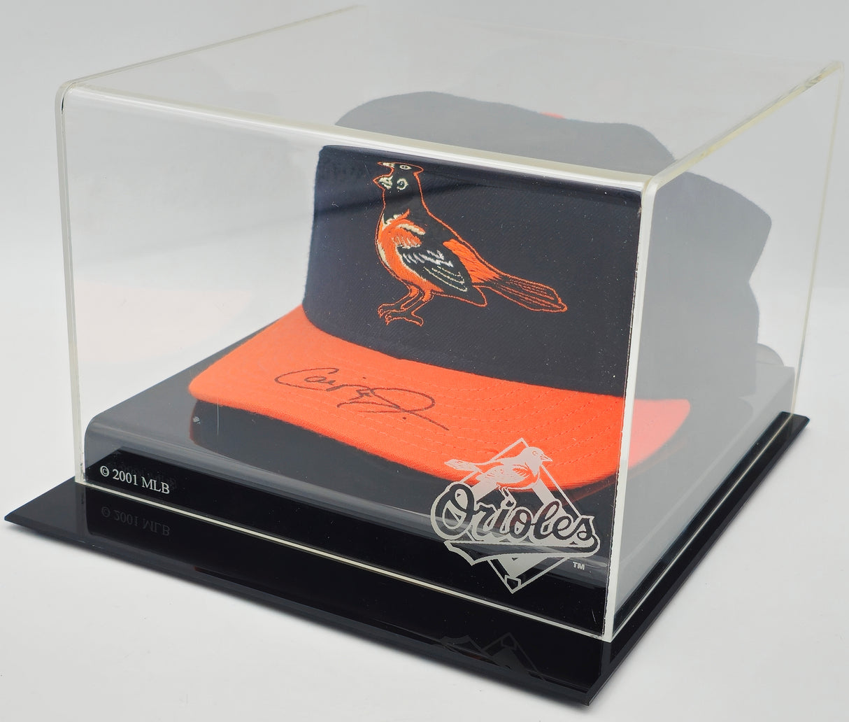 Cal Ripken Jr. Autographed Black & Orange New Era Authentic Collection Baseball Hat Baltimore Orioles With Display Case Fleer Holo #1693763