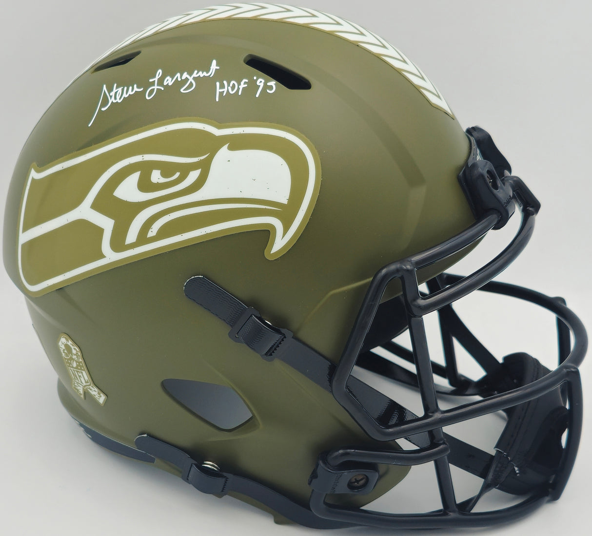 Steve Largent Autographed Seattle Seahawks Camo Green Full Size Speed Replica Salute to Service Helmet "HOF 95" Beckett BAS Witness #1W971222