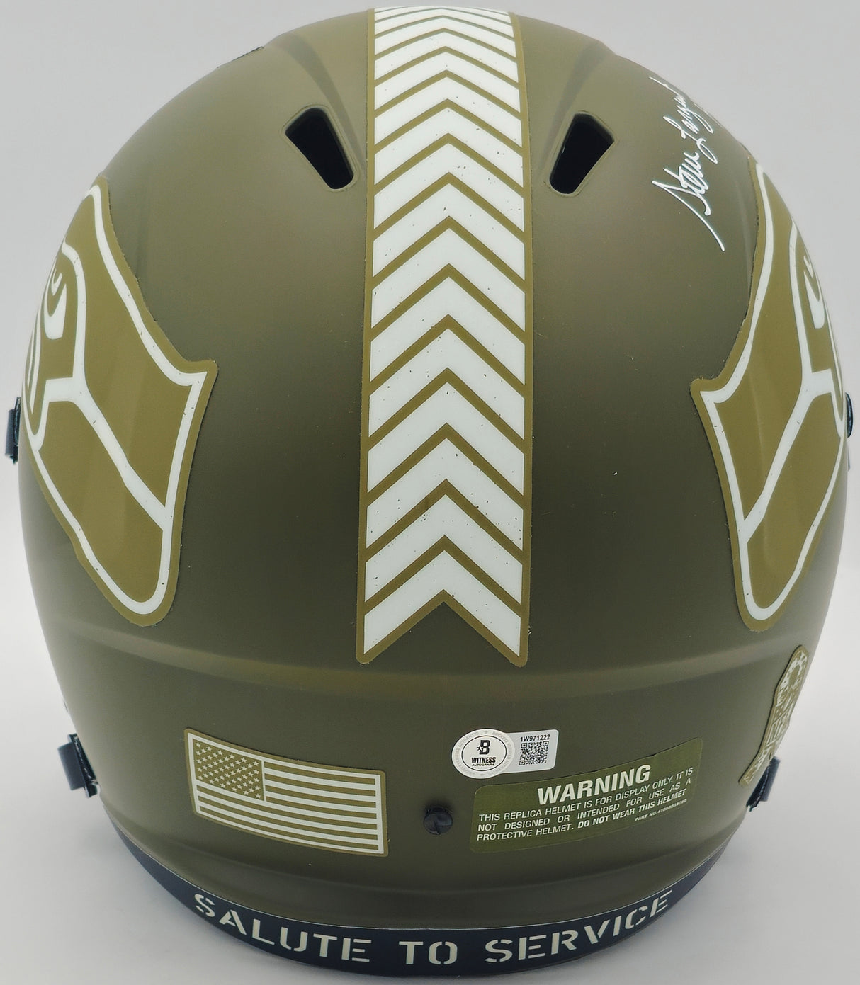 Steve Largent Autographed Seattle Seahawks Camo Green Full Size Speed Replica Salute to Service Helmet "HOF 95" Beckett BAS Witness #1W971222