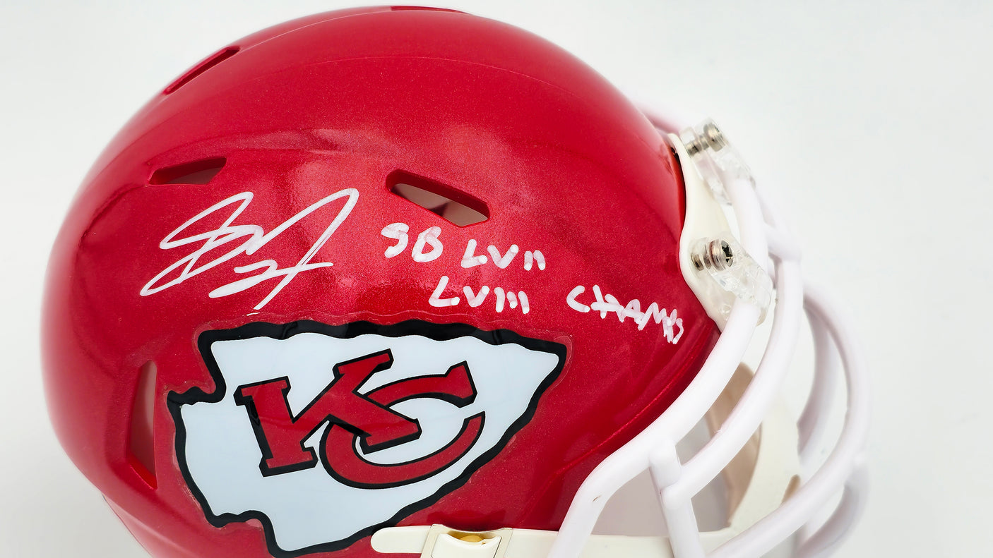 Skyy Moore Autographed Kansas City Chiefs Red Speed Mini Helmet "SB LVII LVIII Champs" Beckett BAS Witness Stock #224839