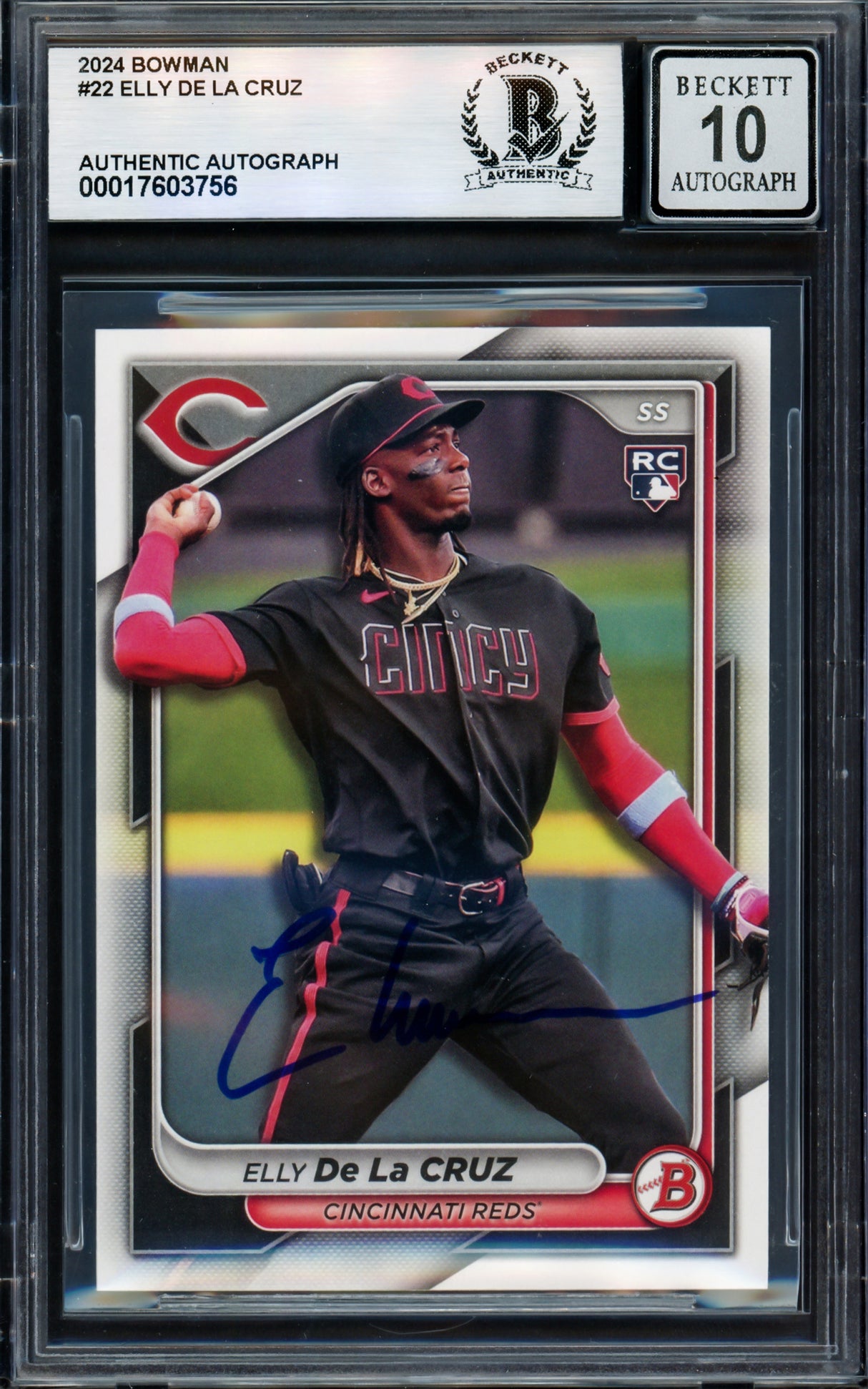 Elly De La Cruz Autographed 2024 Bowman Rookie Card #22 Cincinnati Reds Auto Grade Gem Mint 10 Beckett BAS Stock #238902