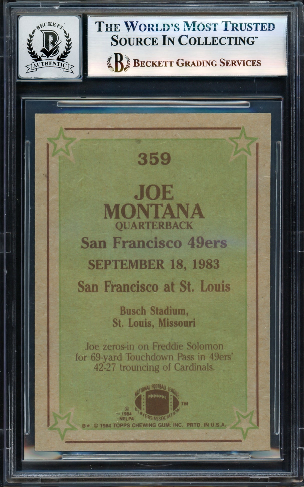 Joe Montana Autographed 1984 Topps Card #359 San Francisco 49ers Auto Grade Gem Mint 10 Beckett BAS Stock #238906