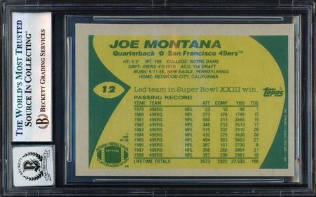 Joe Montana Autographed 1989 Topps Card #12 San Francisco 49ers Auto Grade Gem Mint 10 Beckett BAS Stock #238908