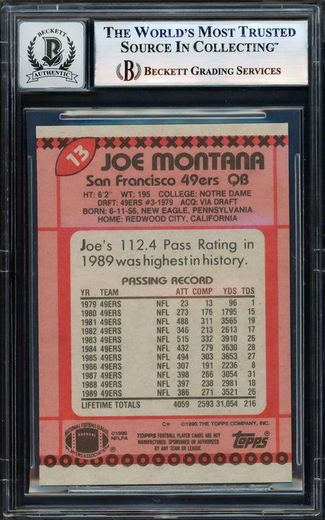 Joe Montana Autographed 1990 Topps Card #13 San Francisco 49ers Auto Grade Gem Mint 10 Beckett BAS Stock #238911