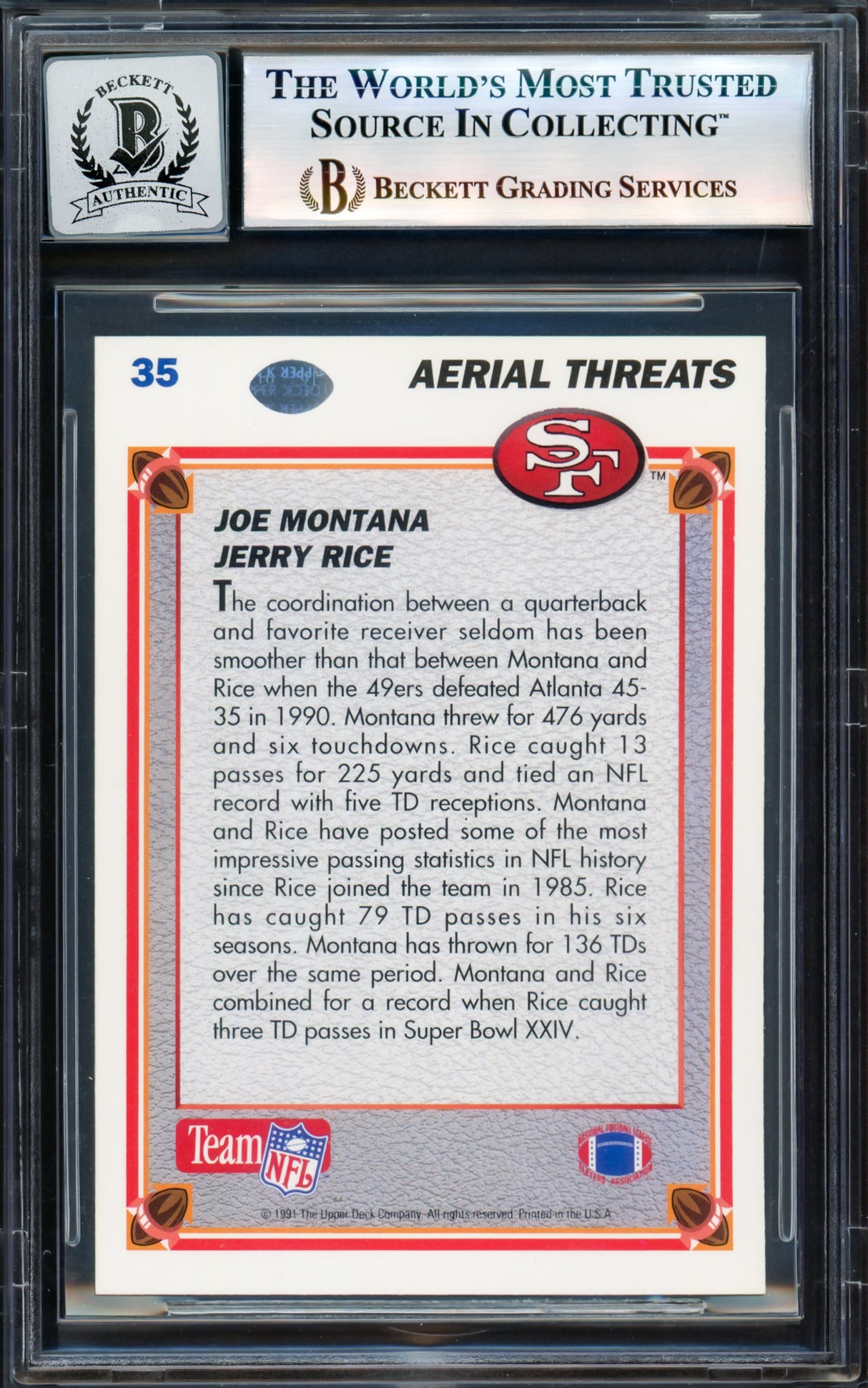 Joe Montana Autographed 1991 Upper Deck Card #35 San Francisco 49ers Auto Grade Gem Mint 10 Beckett BAS Stock #238912