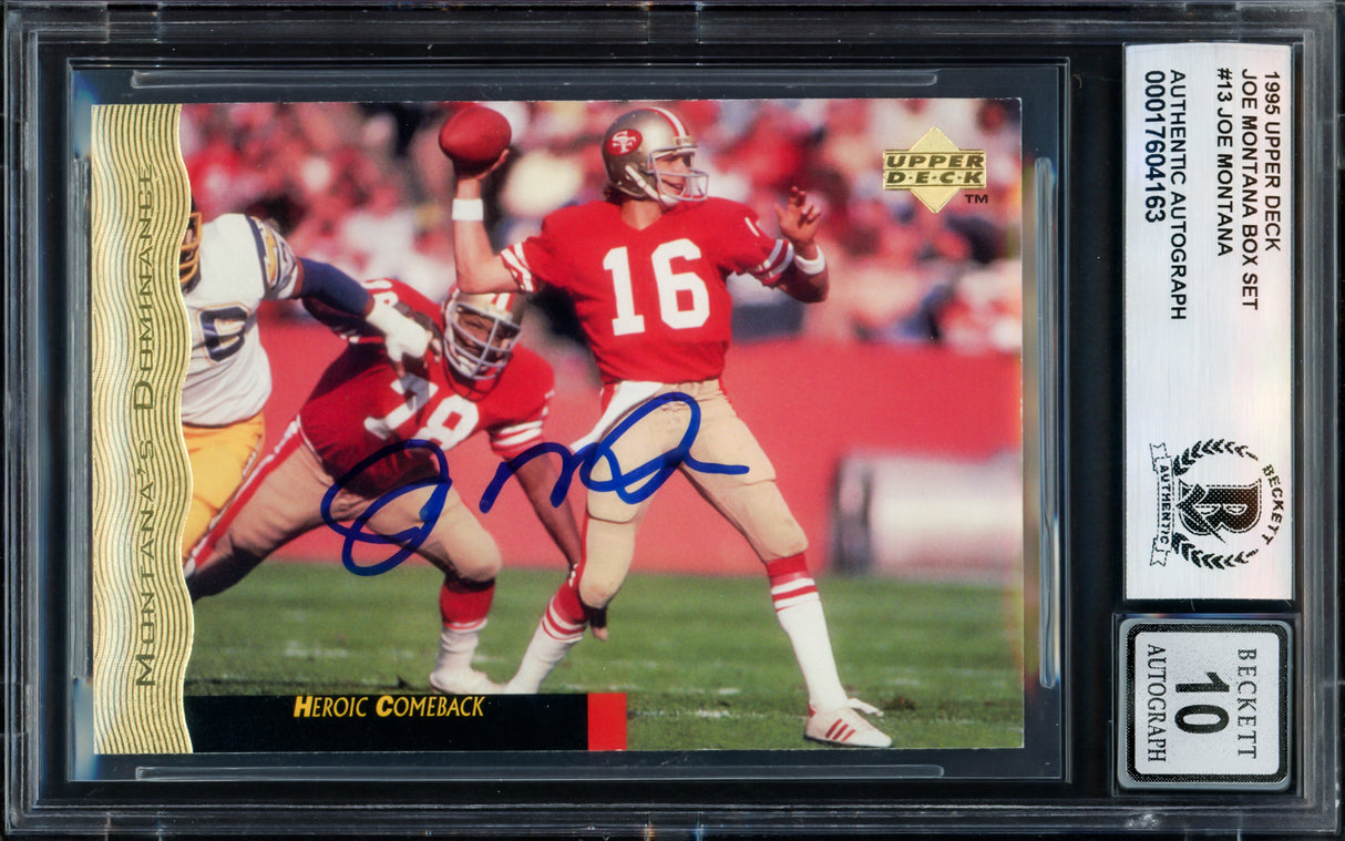 Joe Montana Autographed 1995 Upper Deck Card #13 San Francisco 49ers Auto Grade Gem Mint 10 Beckett BAS Stock #238915