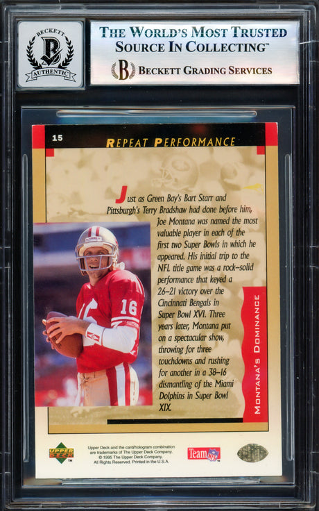 Joe Montana Autographed 1995 Upper Deck Card #15 San Francisco 49ers Auto Grade Gem Mint 10 Beckett BAS Stock #238916