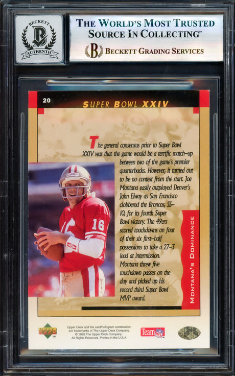 Joe Montana Autographed 1995 Upper Deck Card #20 San Francisco 49ers Auto Grade Gem Mint 10 Beckett BAS Stock #238917