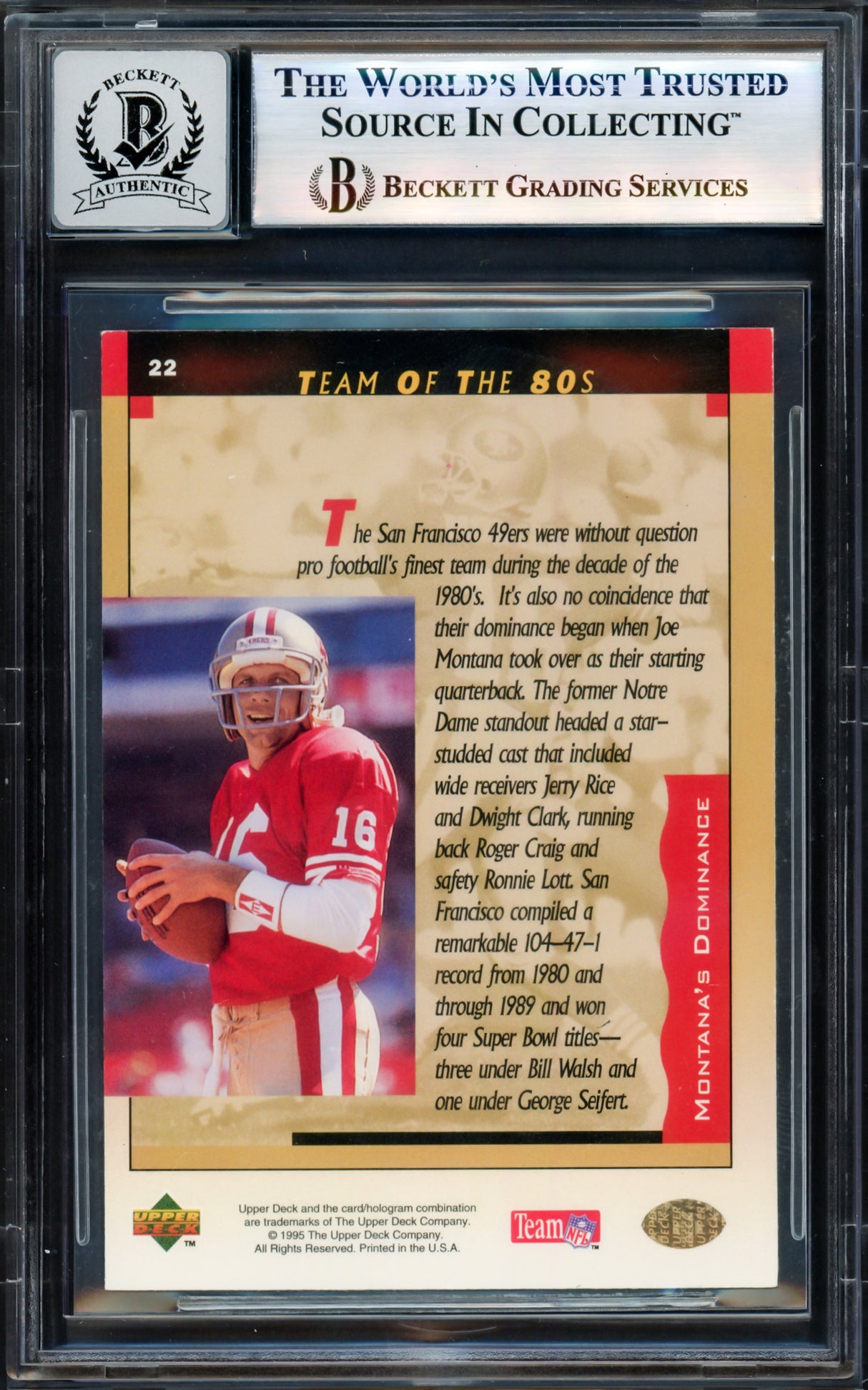 Joe Montana Autographed 1995 Upper Deck Card #22 San Francisco 49ers Auto Grade Gem Mint 10 Beckett BAS Stock #238919