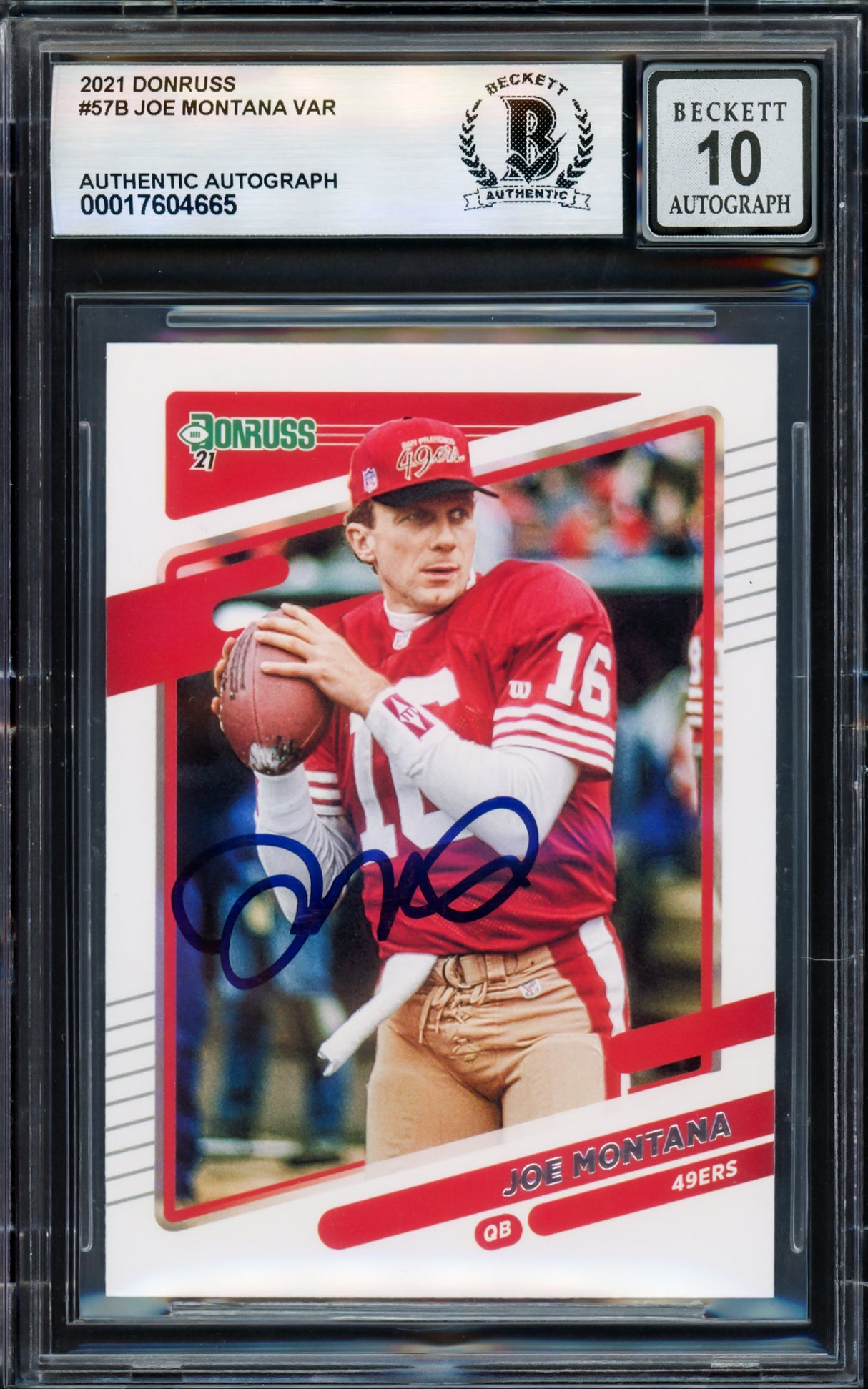 Joe Montana Autographed 2021 Donruss Card #57B San Francisco 49ers Auto Grade Gem Mint 10 Beckett BAS Stock #238921