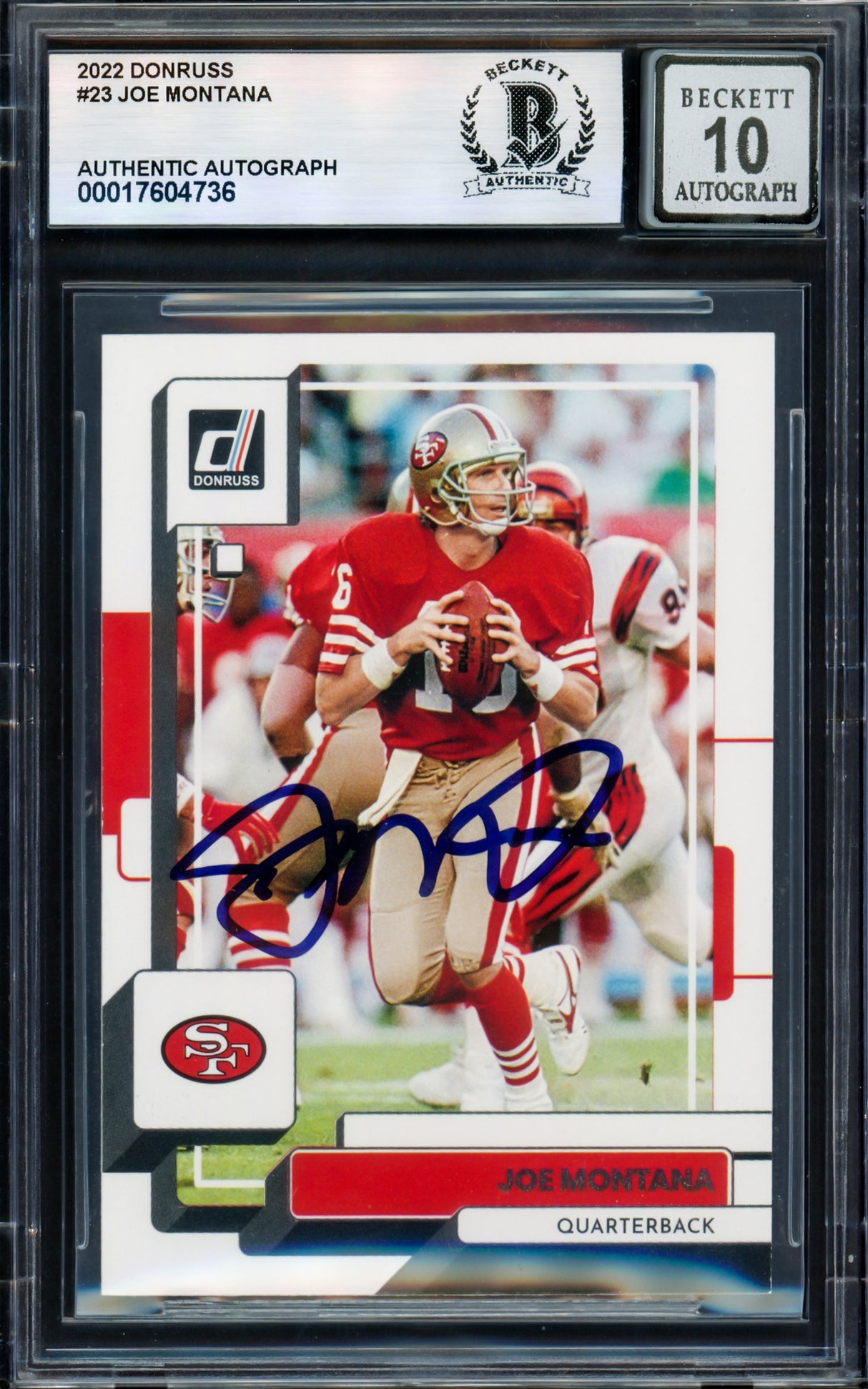 Joe Montana Autographed 2022 Donruss Card #23 San Francisco 49ers Auto Grade Gem Mint 10 Beckett BAS Stock #238922