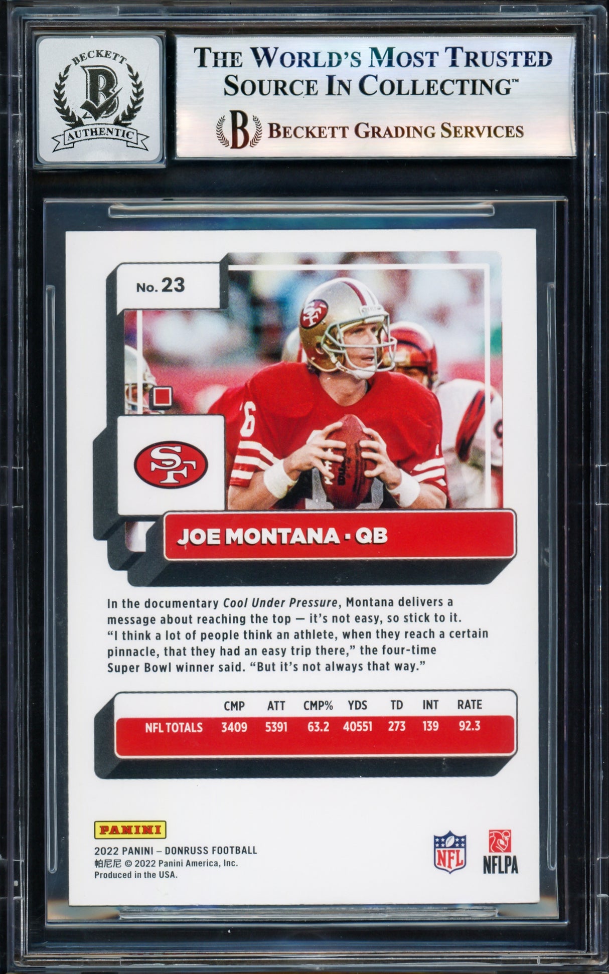 Joe Montana Autographed 2022 Donruss Card #23 San Francisco 49ers Auto Grade Gem Mint 10 Beckett BAS Stock #238922