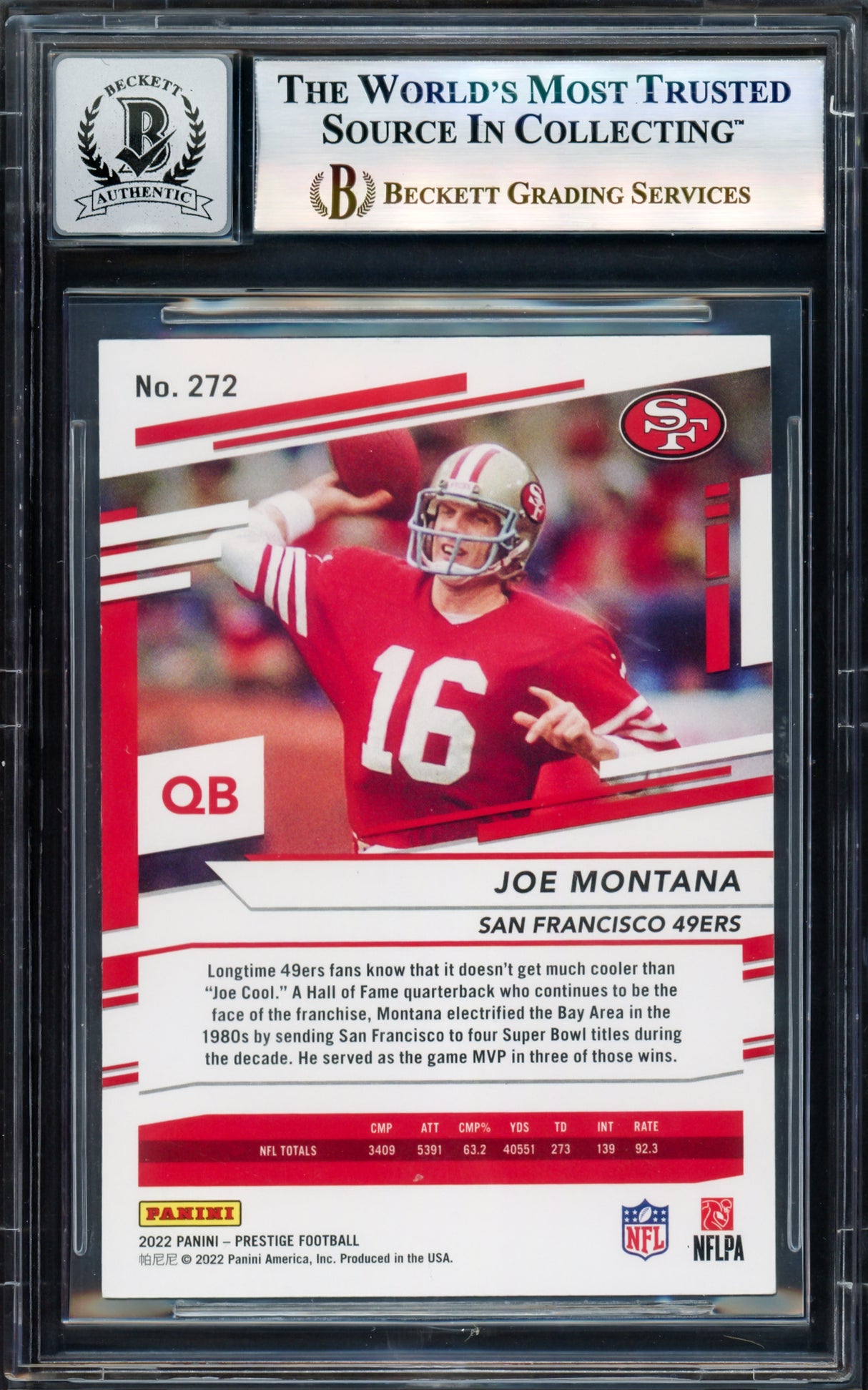 Joe Montana Autographed 2022 Panini Prestige Card #272 San Francisco 49ers Auto Grade Gem Mint 10 Beckett BAS Stock #238923