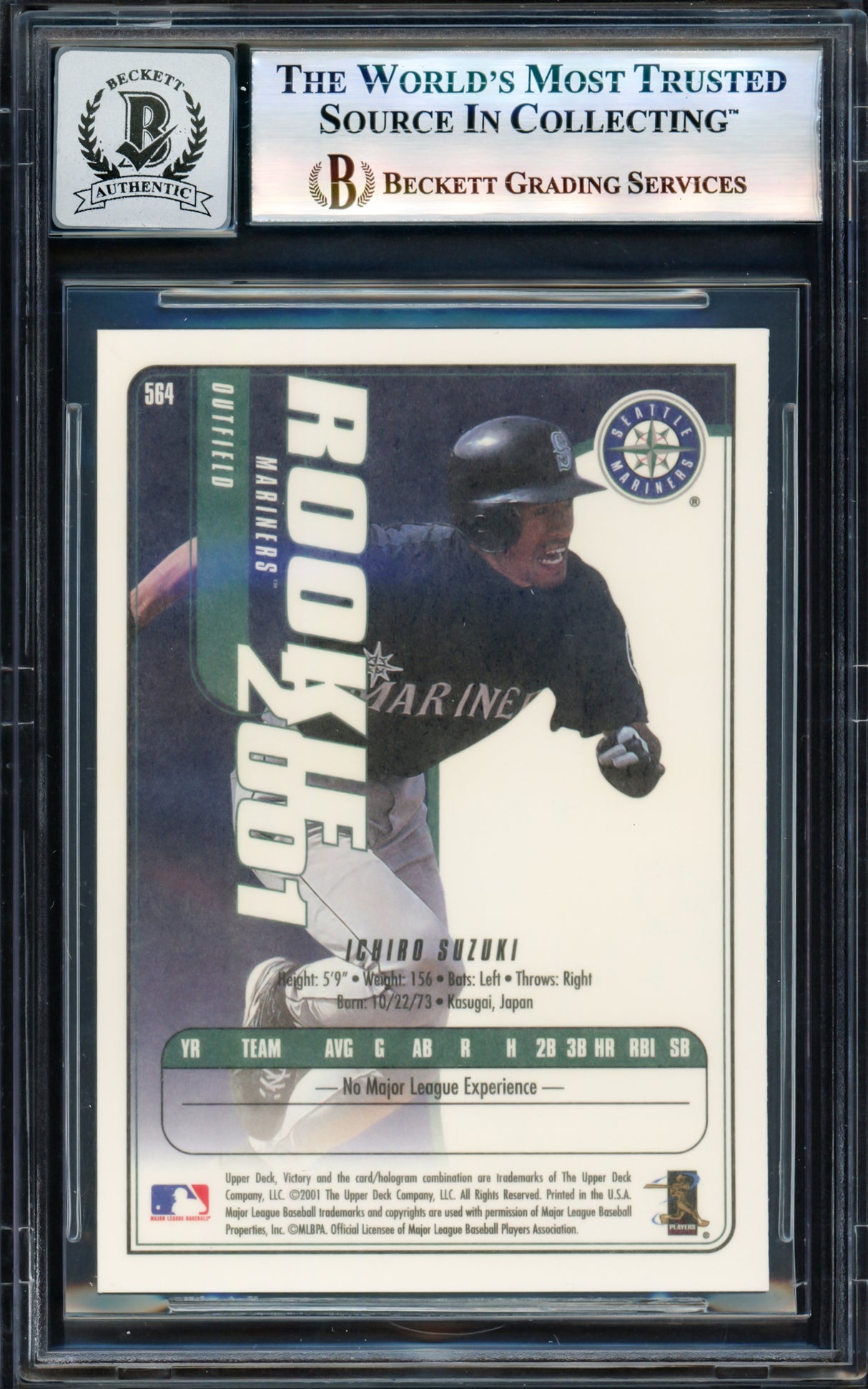 Ichiro Suzuki Autographed 2001 Upper Deck Victory Rookie Card #564 Seattle Mariners Auto Grade Gem Mint 10 Beckett BAS Stock #238926