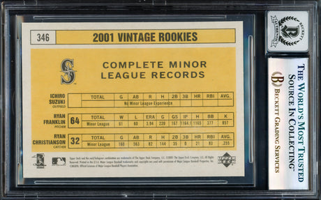 Ichiro Suzuki Autographed 2001 Upper Deck Vintage Rookie Card #346 Seattle Mariners Auto Grade Gem Mint 10 Beckett BAS Stock #238927