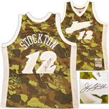 Utah Jazz John Stockton Autographed Green Authentic Mitchell & Ness 1998-99 Hardwood Classic Swingman Ghost Camo Jersey Size XL Beckett BAS Witness Stock #224349