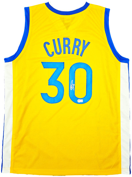 Golden State Warriors Stephen Curry Autographed Yellow Jersey Beckett BAS Stock #212453