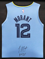 Memphis Grizzlies Ja Morant Autographed Framed Light Blue Fanatics Jersey "ROY 20" Beckett BAS QR Stock #212659