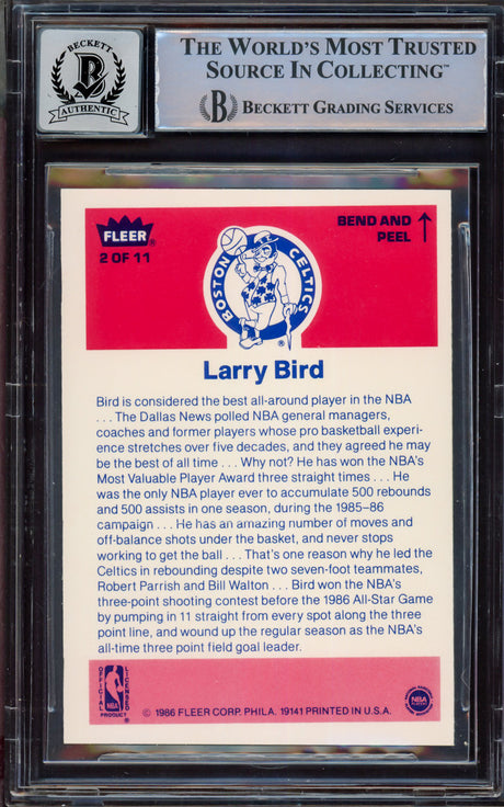 Larry Bird Autographed 1986-87 Fleer Sticker Card #2 Boston Celtics Auto Grade Mint 9 Beckett BAS #15469786