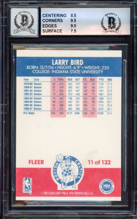 Larry Bird Autographed 1987-88 Fleer Card #11 Boston Celtics BGS 8.5 Auto Grade Gem Mint 10 Beckett BAS #15464739