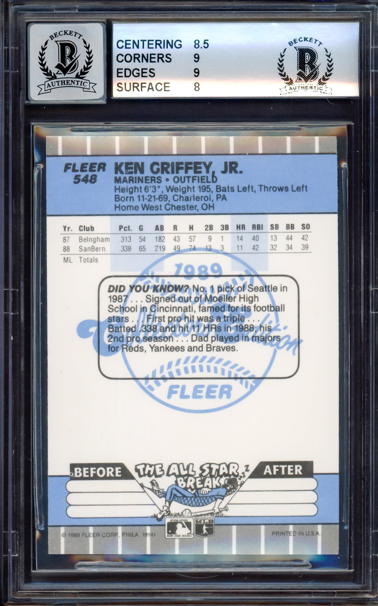 Ken Griffey Jr. Autographed 1989 Fleer Glossy Rookie Card #548 Seattle Mariners BGS 8.5 Auto Grade Mint 9 Beckett BAS #15465312