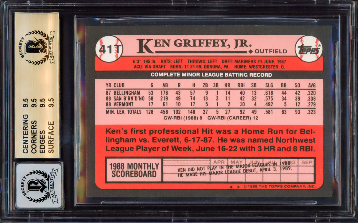 Ken Griffey Jr. Autographed 1989 Topps Traded Rookie Card #41T Seattle Mariners BGS 9.5 Auto Grade Mint 9 Beckett BAS #15465375