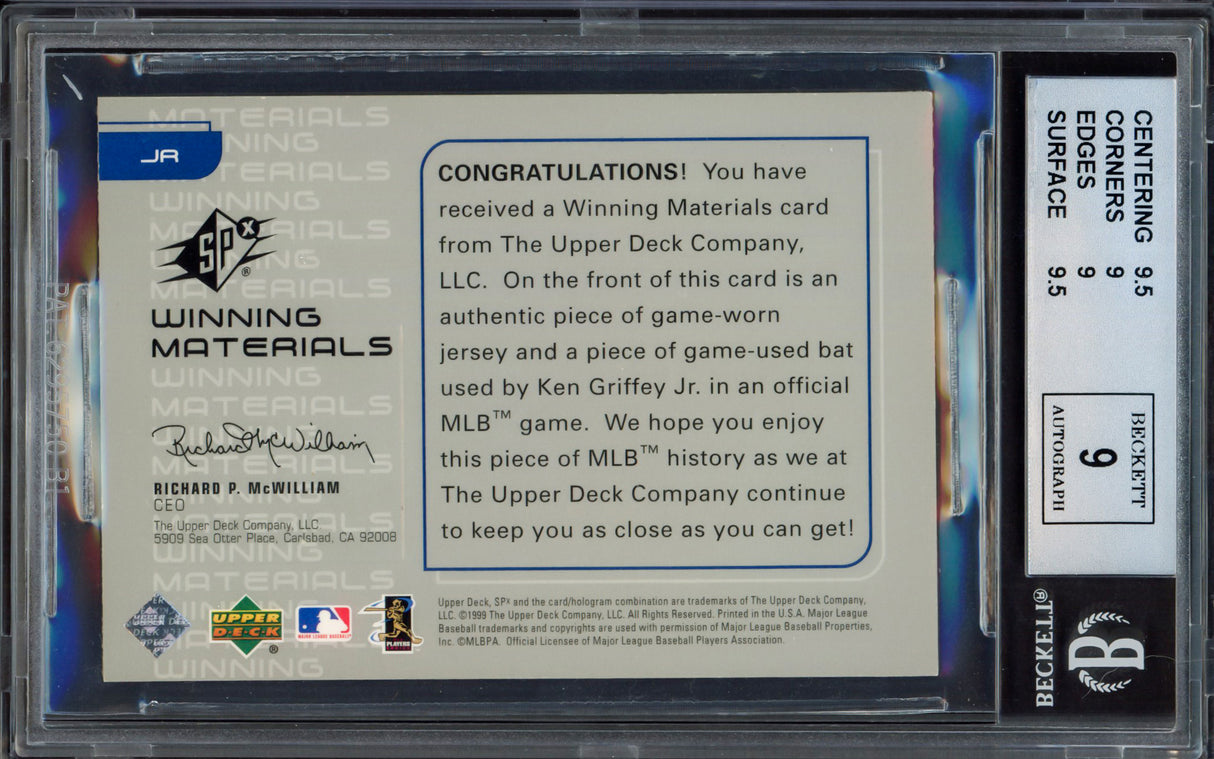 Ken Griffey Jr. Autographed 1999 SPX Winning Materials Card #JR Seattle Mariners BGS 9 Auto Grade Mint 9 With Game Used Jersey & Bat Relic Beckett BAS #15465320