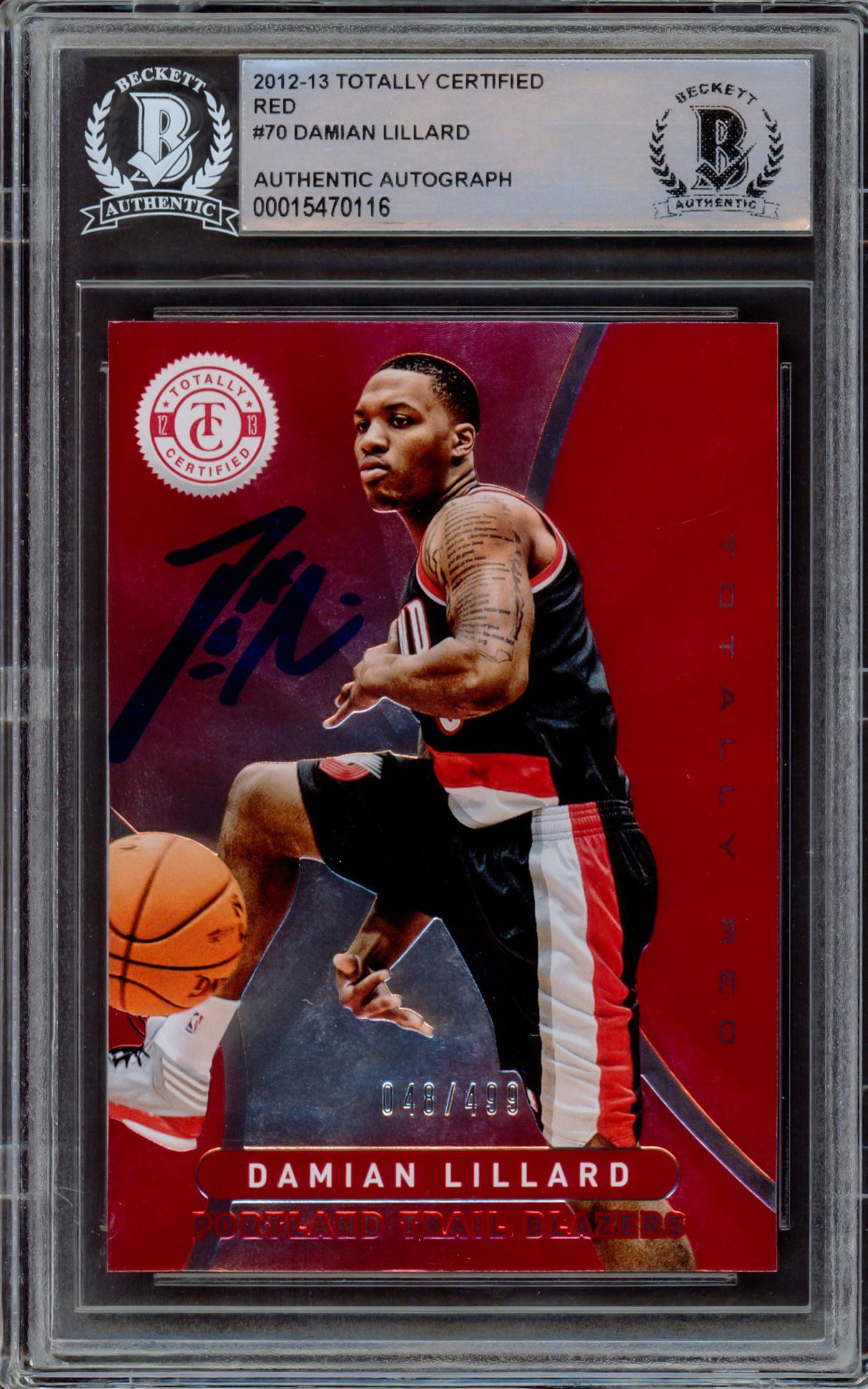 Damian Lillard Autographed 2012-13 Panini Totally Certified Red Rookie Card #70 Portland Trail Blazers #48/499 Beckett BAS #15470116