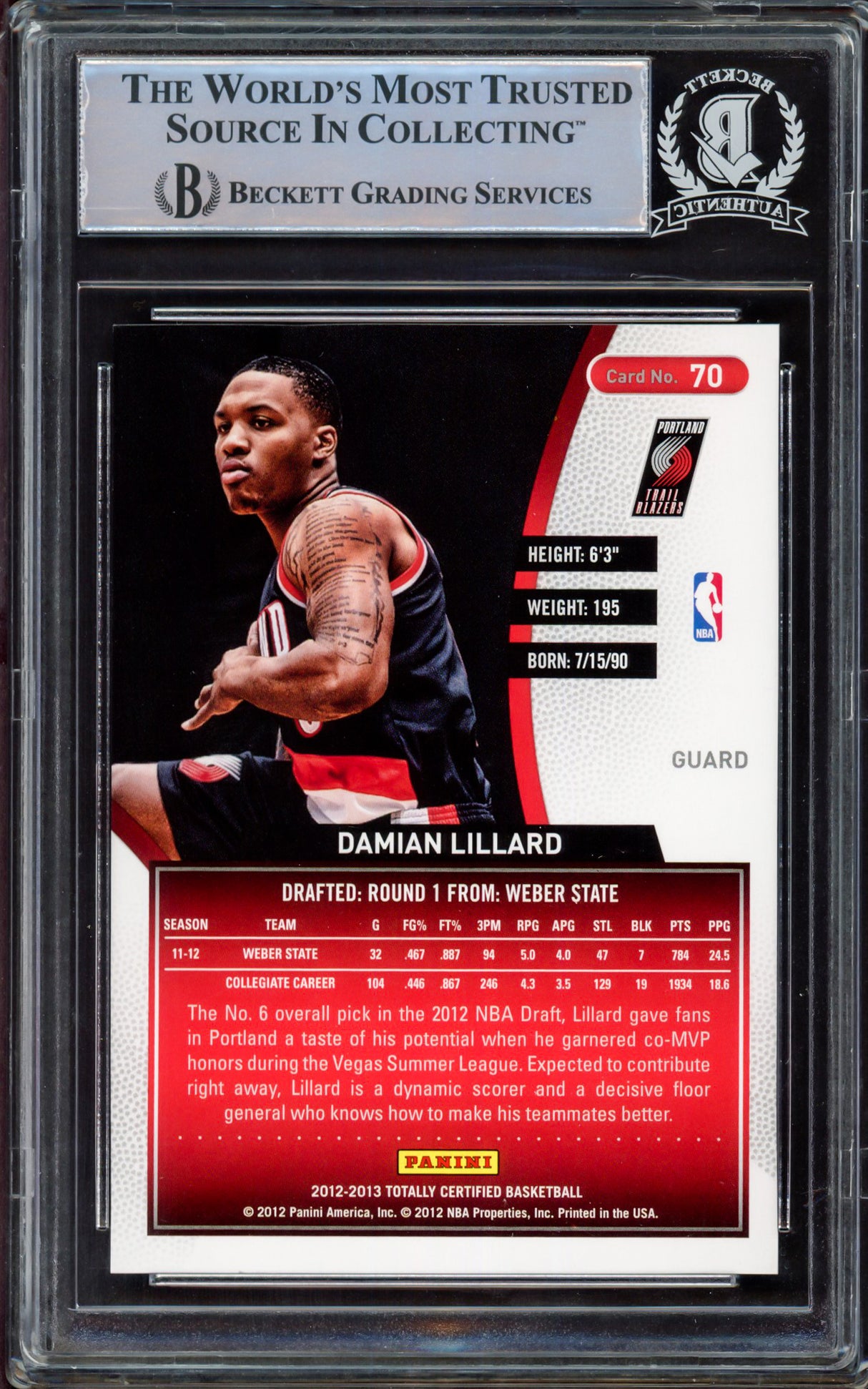 Damian Lillard Autographed 2012-13 Panini Totally Certified Red Rookie Card #70 Portland Trail Blazers #48/499 Beckett BAS #15470116