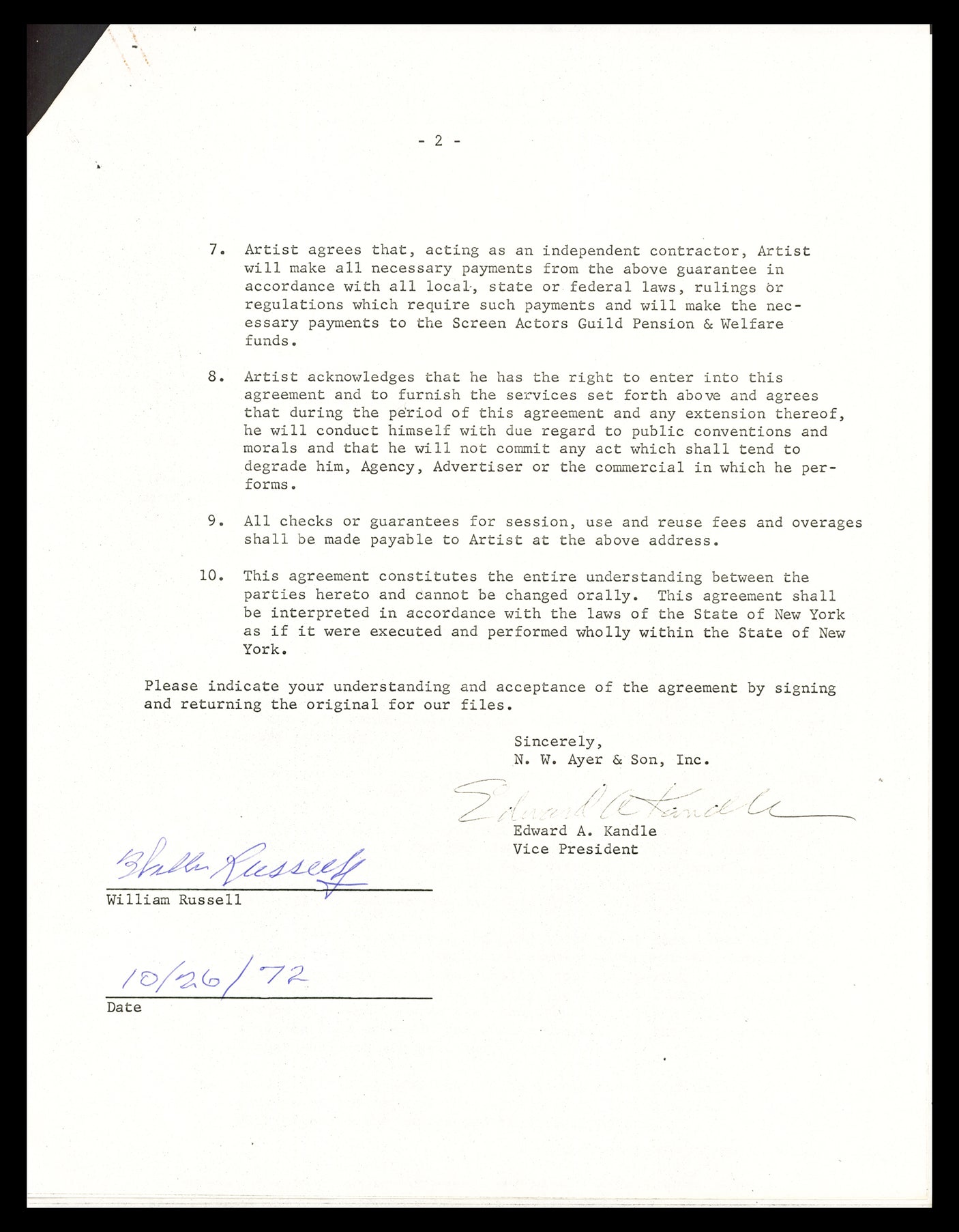 Bill Russell Autographed 1972 Advertising Document Contract Boston Celtics Beckett BAS #AC74546