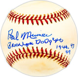 Paul Minner Autographed Official NL Baseball Brooklyn Dodgers "1946-48-49" Beckett BAS QR #BM25163