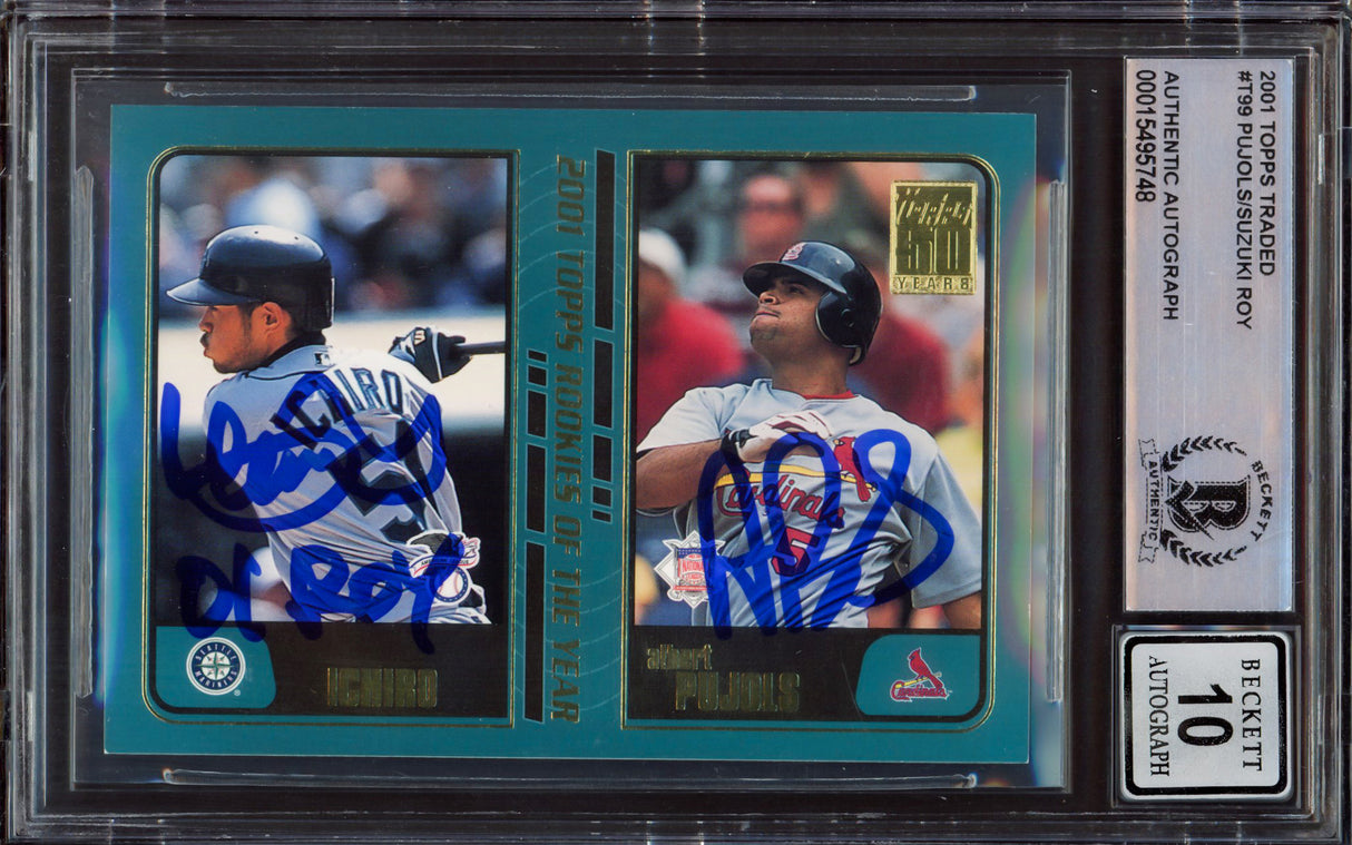 Albert Pujols & Ichiro Suzuki Autographed 2001 Topps Traded Rookie Card #T99 Auto Grade Gem Mint 10 Beckett BAS #15495748