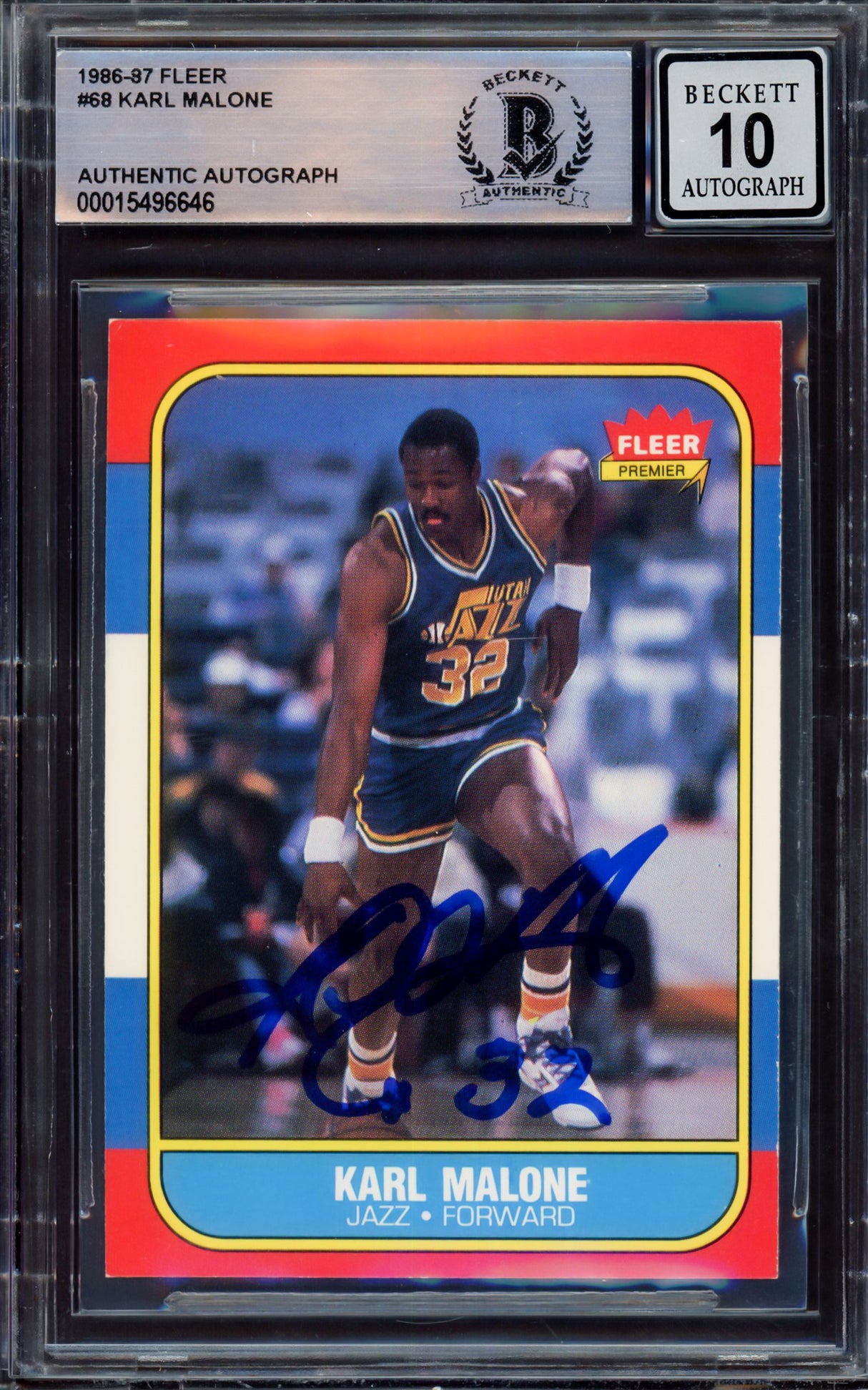 Karl Malone Autographed 1986-87 Fleer Rookie Card #68 Utah Jazz Auto Grade Gem Mint 10 Beckett BAS #15496646