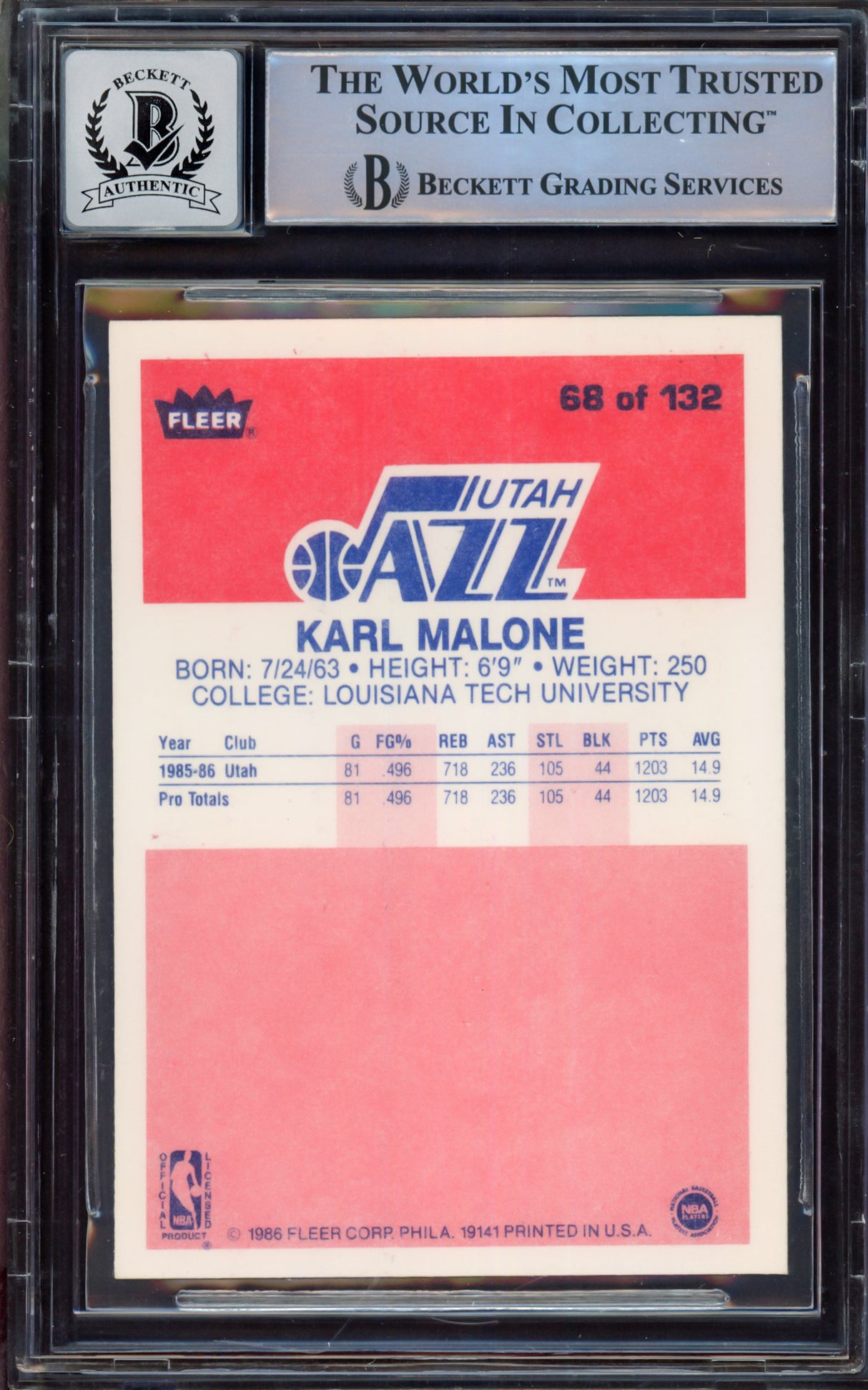 Karl Malone Autographed 1986-87 Fleer Rookie Card #68 Utah Jazz Auto Grade Gem Mint 10 Beckett BAS #15496646