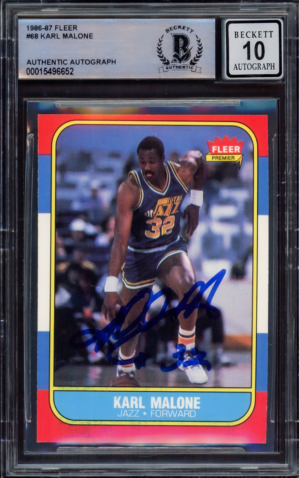 Karl Malone Autographed 1986-87 Fleer Rookie Card #68 Utah Jazz Auto Grade Gem Mint 10 Beckett BAS #15496652