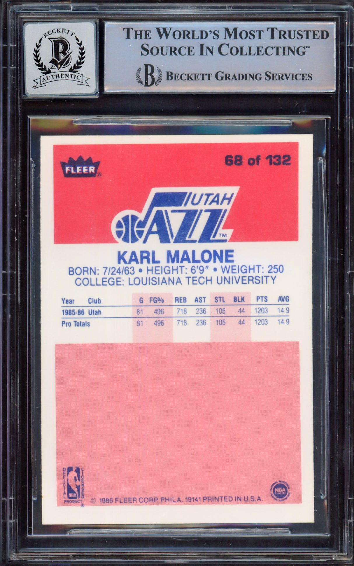 Karl Malone Autographed 1986-87 Fleer Rookie Card #68 Utah Jazz Auto Grade Gem Mint 10 Beckett BAS #15496652